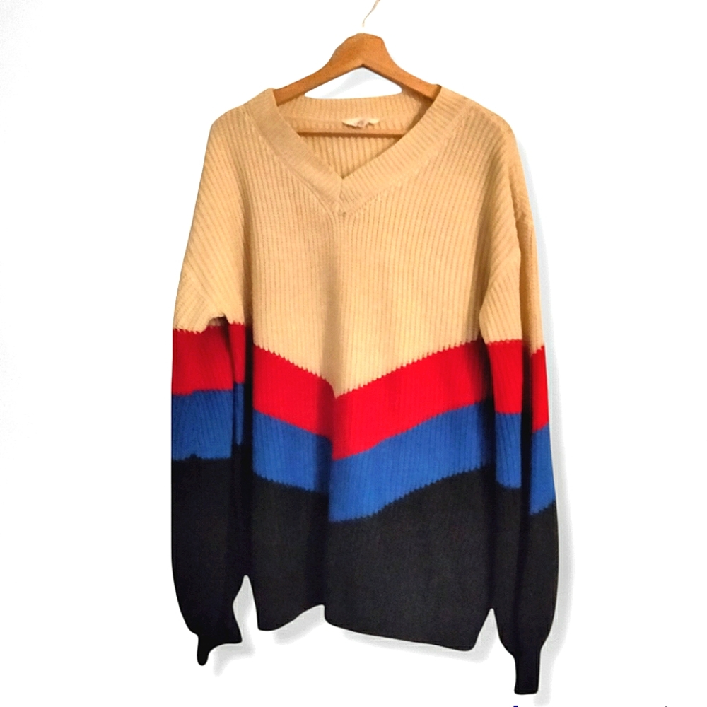 Vintage Romesa Chunky Sweater Top Shirt V Neck Grandma Red Blue Cream Size Large